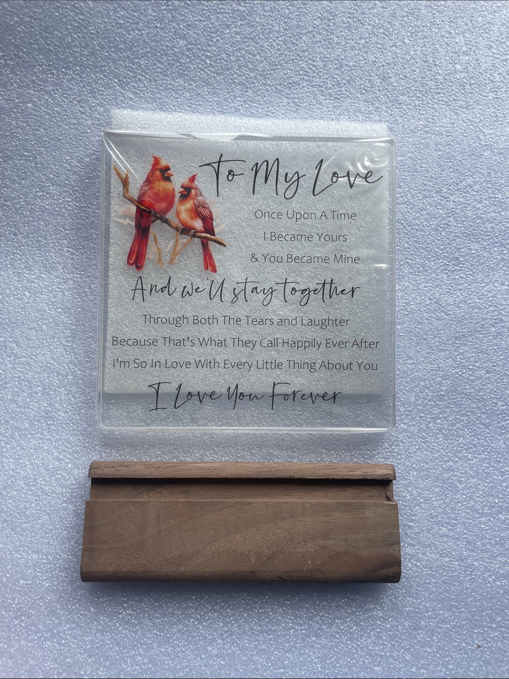 Glass Love Plaque with Red Cardinals